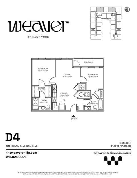 2Bed Floor Plan D4 at The Weaver, Philadelphia, PA, Pennsylvania